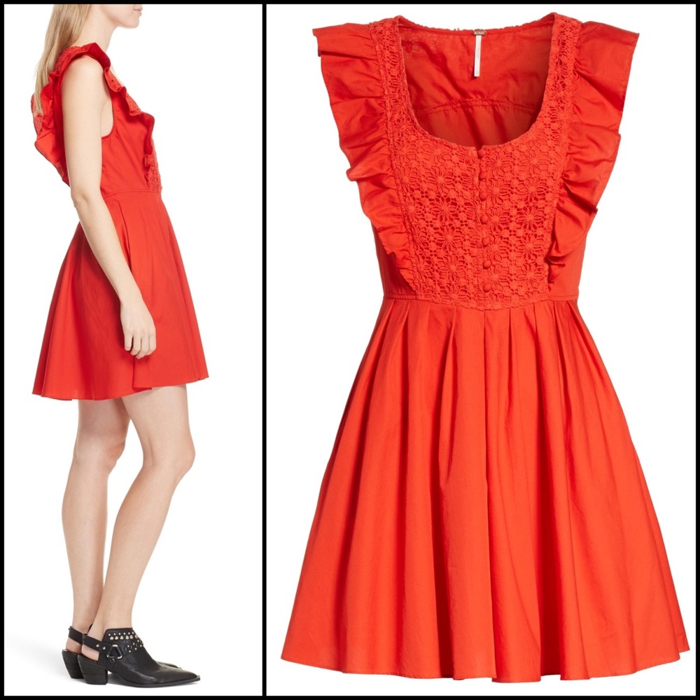 Free People Red Crochet Lace Bib Babydoll Dress - Picture 4 of 10